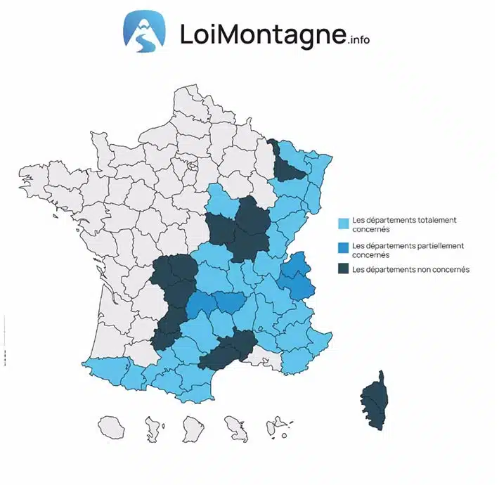 Carte de la loi montagne en 2023 en France. Départements concernés par la loi montagne.